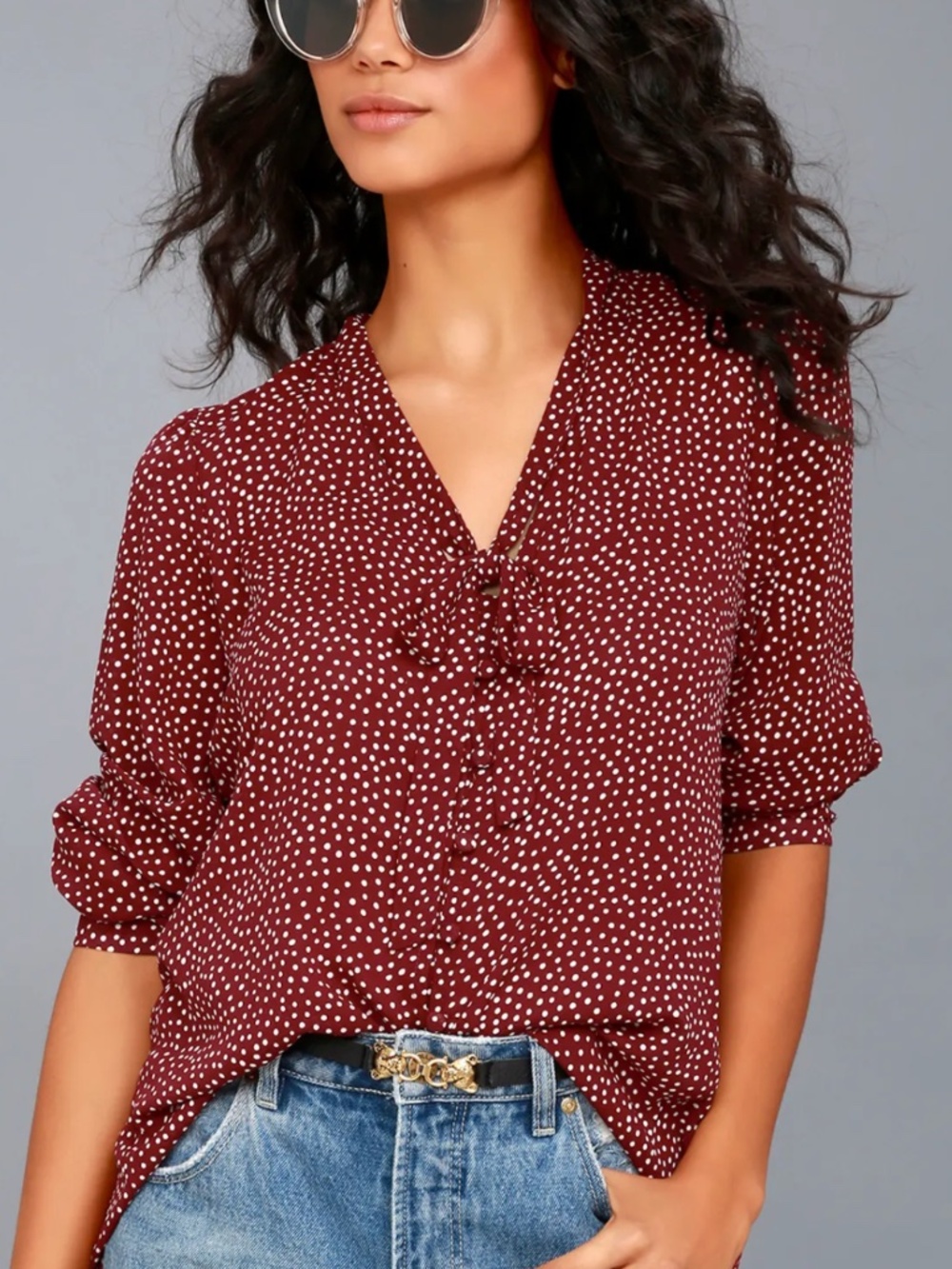 Lulus On the Spot Burgundy Polka Dot Blouse